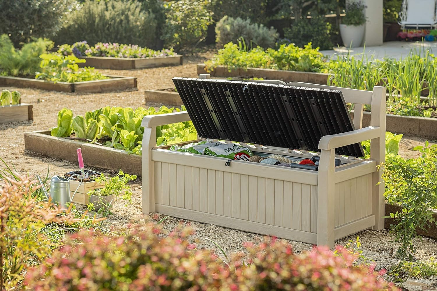 Keter Eden Bench 265L Outdoor 60% recycled Garden Furniture Storage Box Beige & Brown Wood Panel Effect